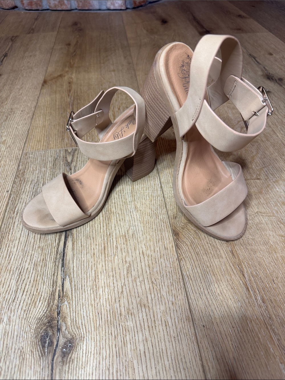 Pink Lily Nude Block Heel Sandals with Ankle Strap